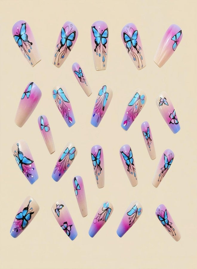HJKDSFD Blue Purple Gradient Press on Nails Medium Ballerina Fake Nails Acrylic Full Cover False Nails Cute Butterfly Glue on Nails Spring Summer Stick on Nails Reusable for Women Girls 24Pcs - Image 2